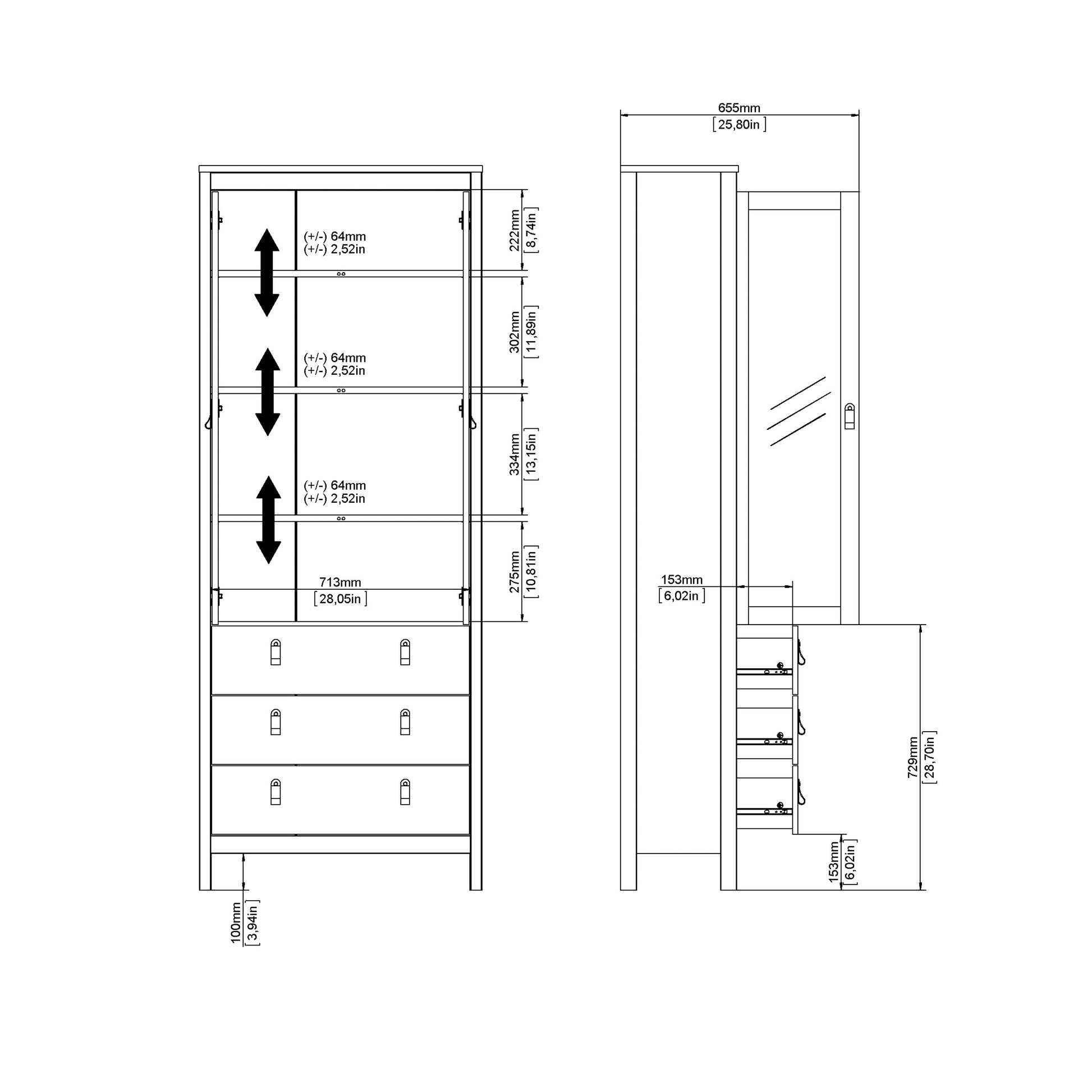 Barcelona China Cabinet 2 Glass Doors with 3 Drawers in Matt Black