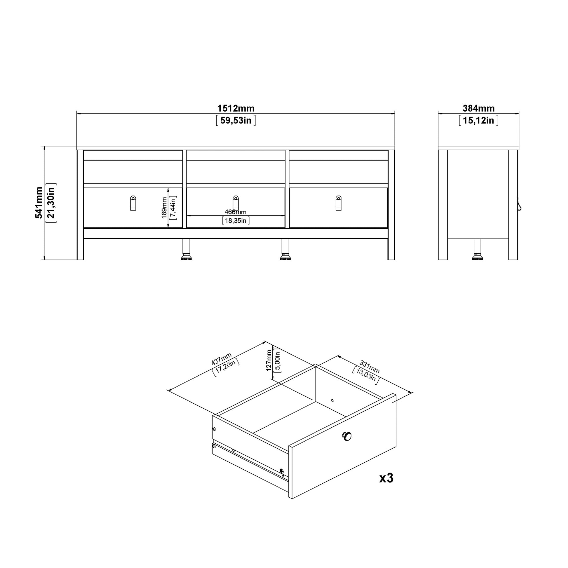 Barcelona TV Unit 3 Drawers in Matt Black