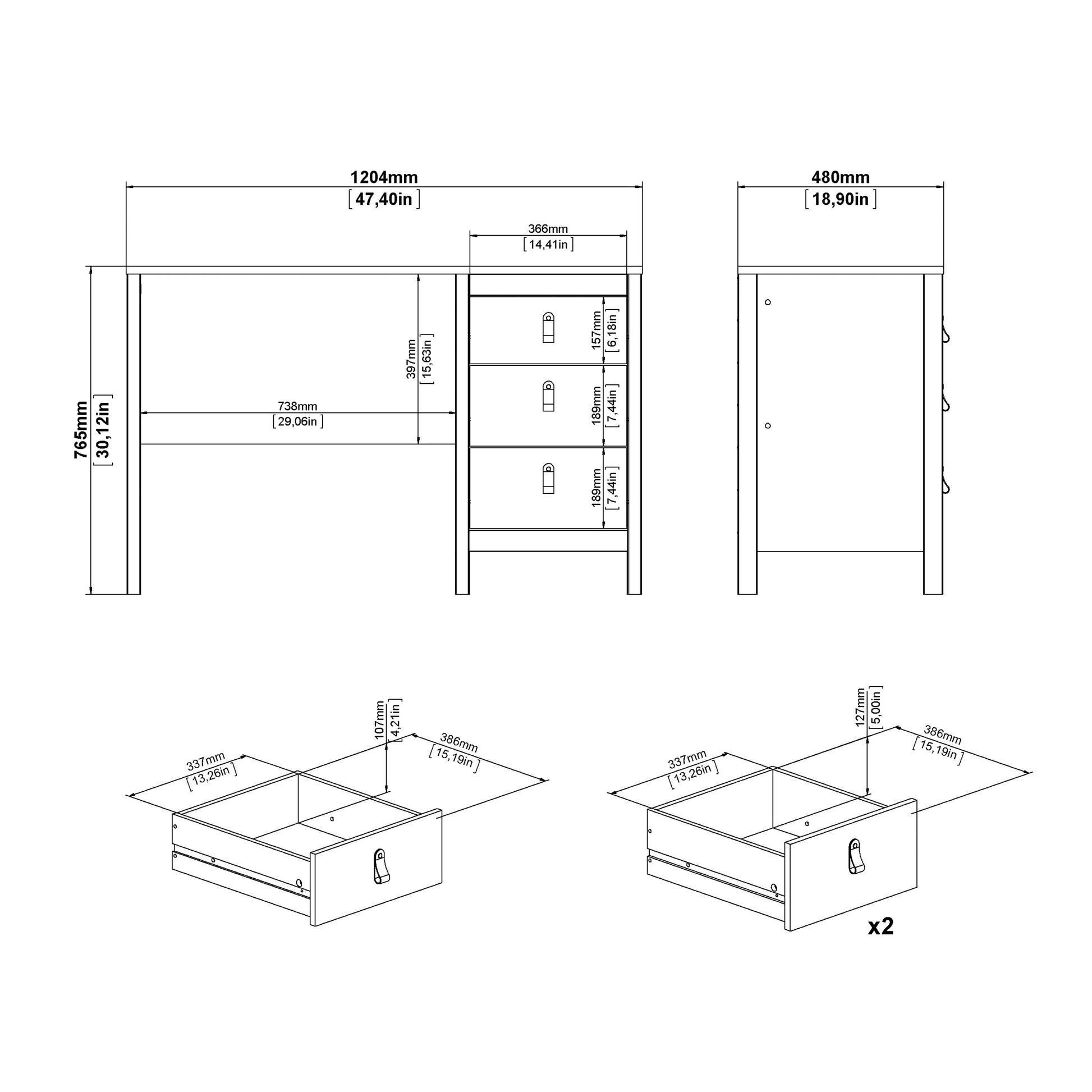 Barcelona Desk 3 Drawers in Matt Black