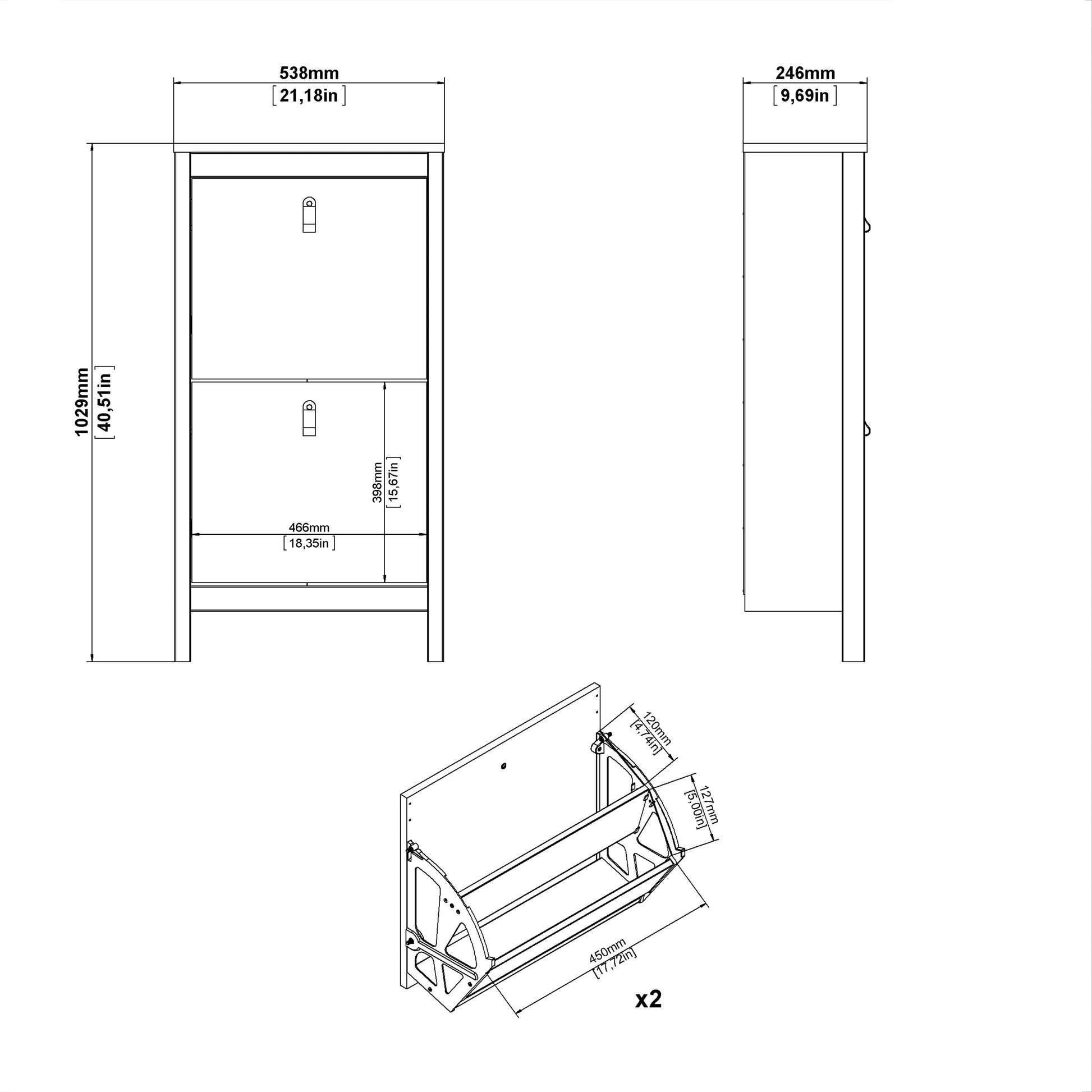 Barcelona Shoe Cabinet 2 Flap Doors in Jackson Hickory Oak