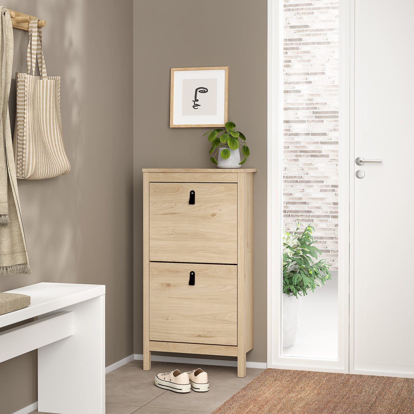 Barcelona Shoe Cabinet 2 Flap Doors in Jackson Hickory Oak