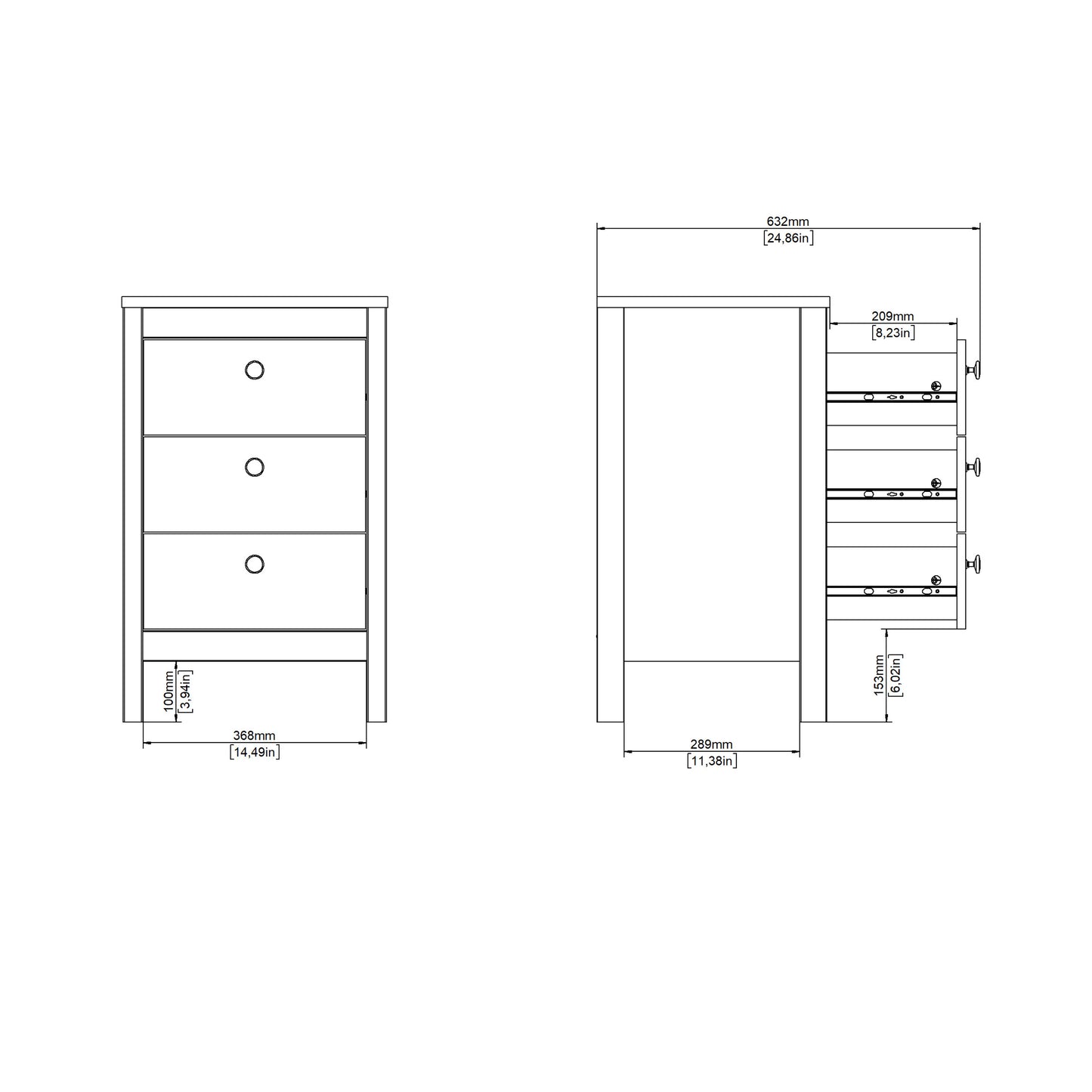 Barcelona Bedside Table 3 Drawers in White