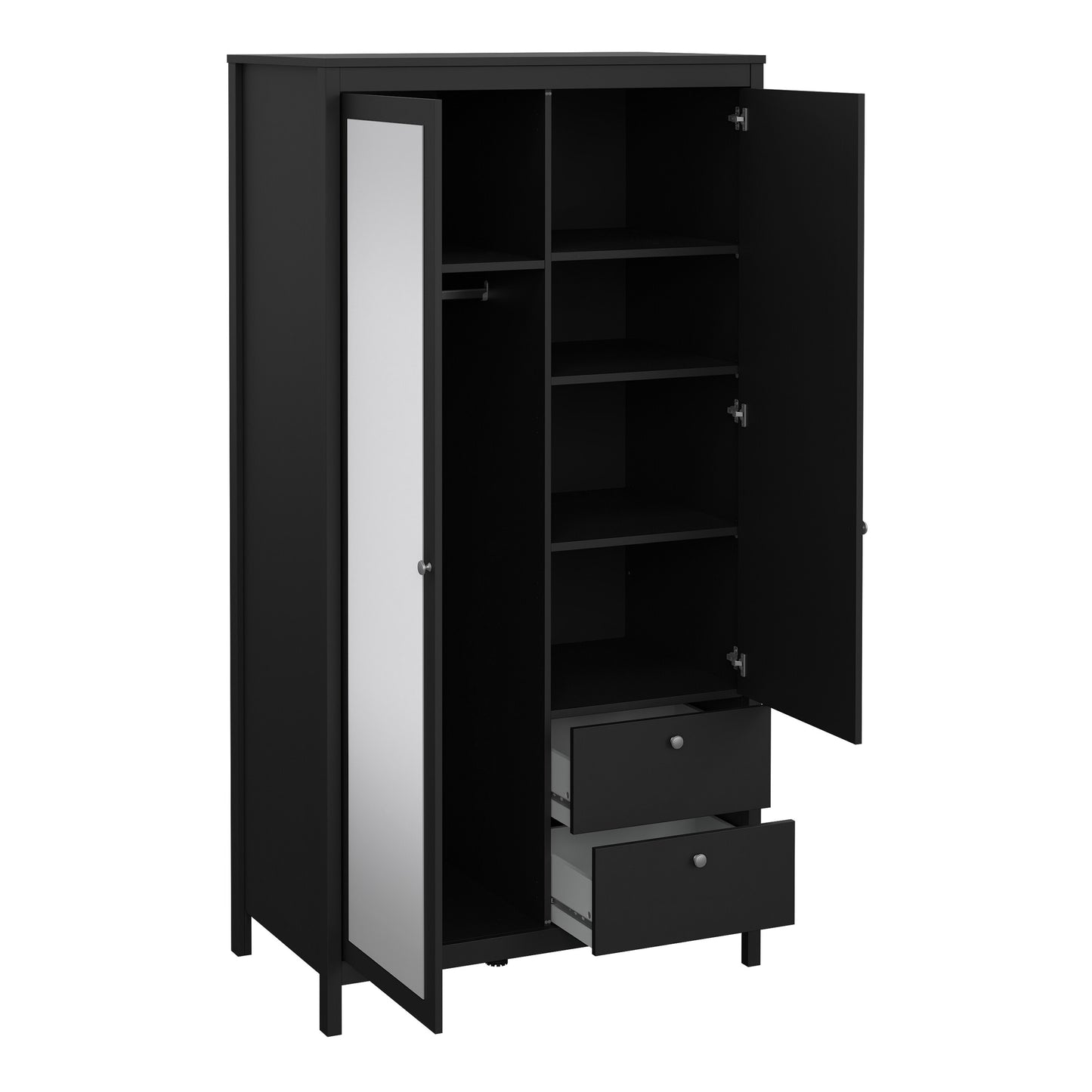 Madrid Wardrobe with 1 Door 1 Mirror Door 2 Drawers Matt Black