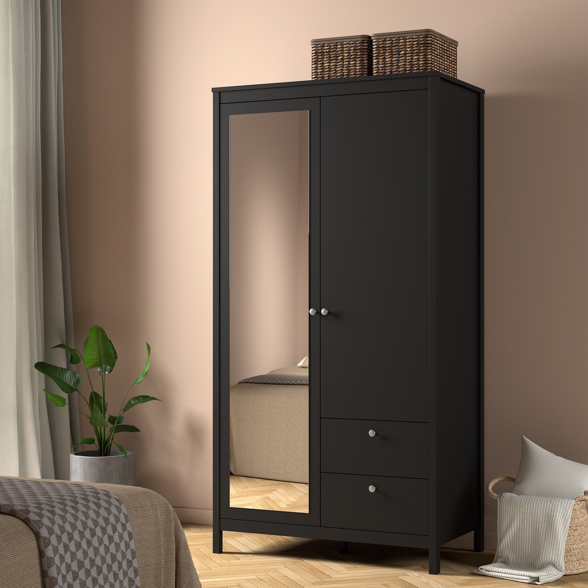 Madrid Wardrobe with 1 Door 1 Mirror Door 2 Drawers Matt Black