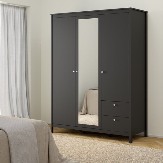 Madrid  Wardrobe with 2 Doors 1 Mirror Door 2 Drawers Matt Black