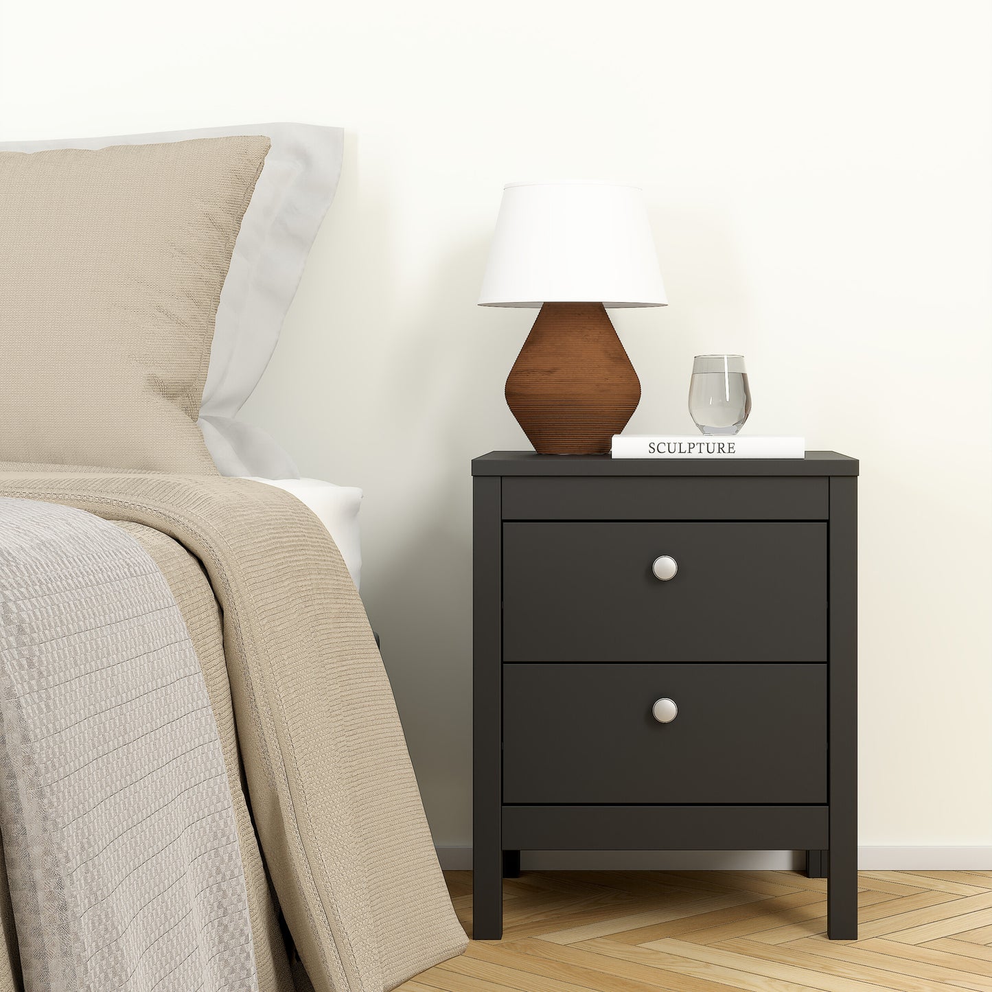 Madrid Bedside Table 2 Drawers in Matt Black