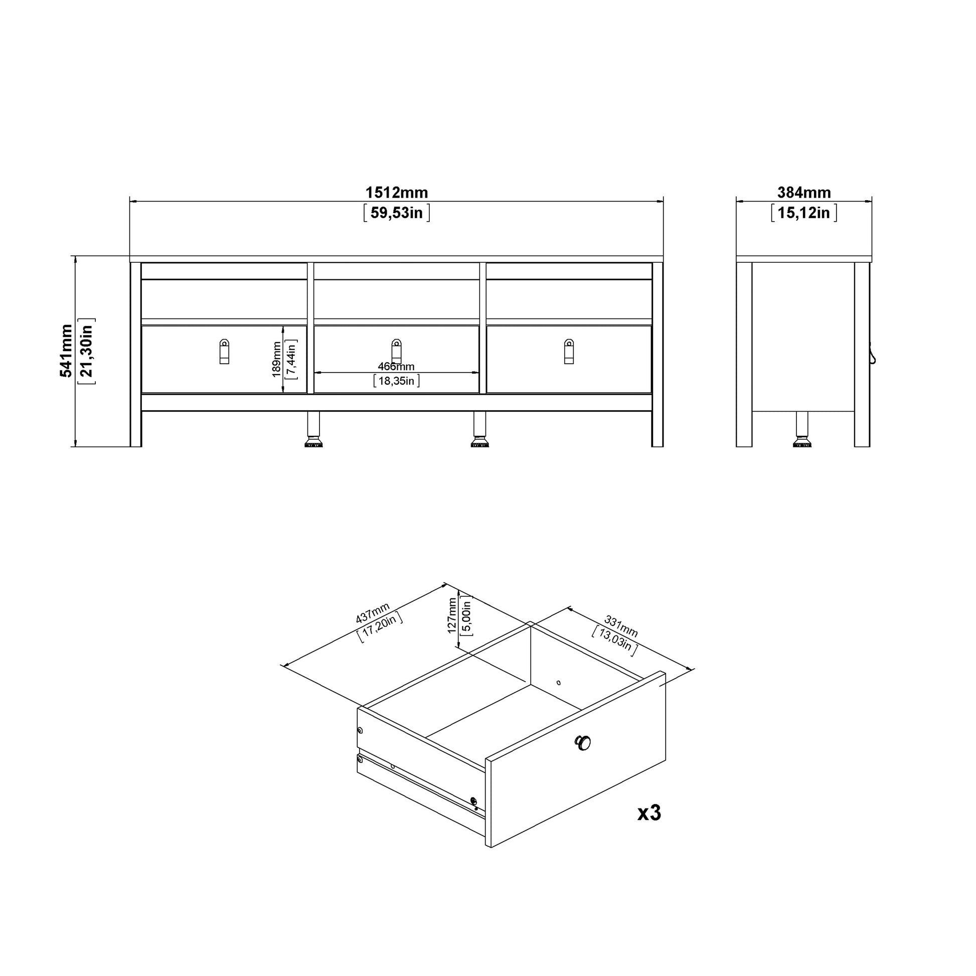 Madrid TV Unit 3 Drawers in White