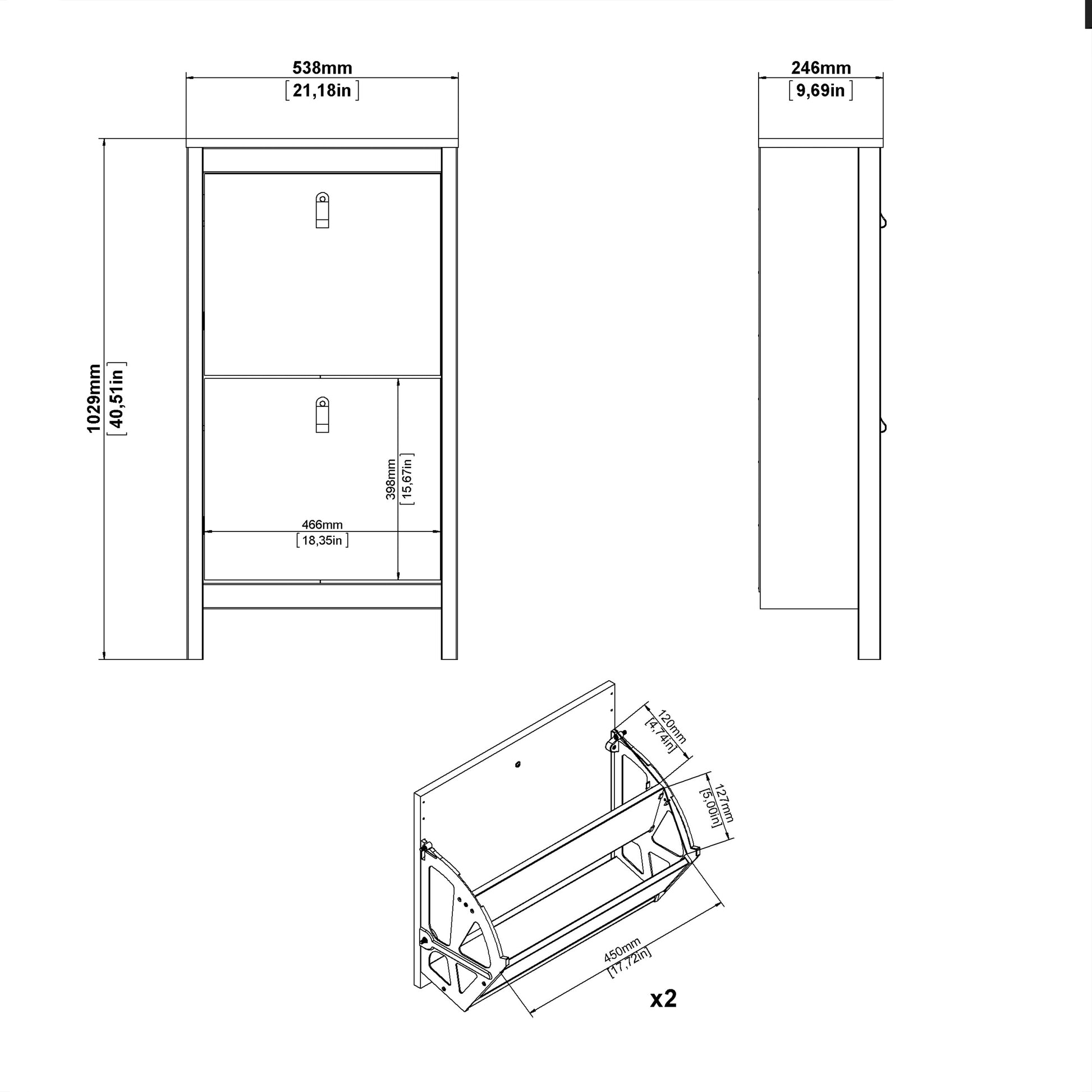 Madrid Shoe Cabinet 2 Flip Down Doors Matt Black