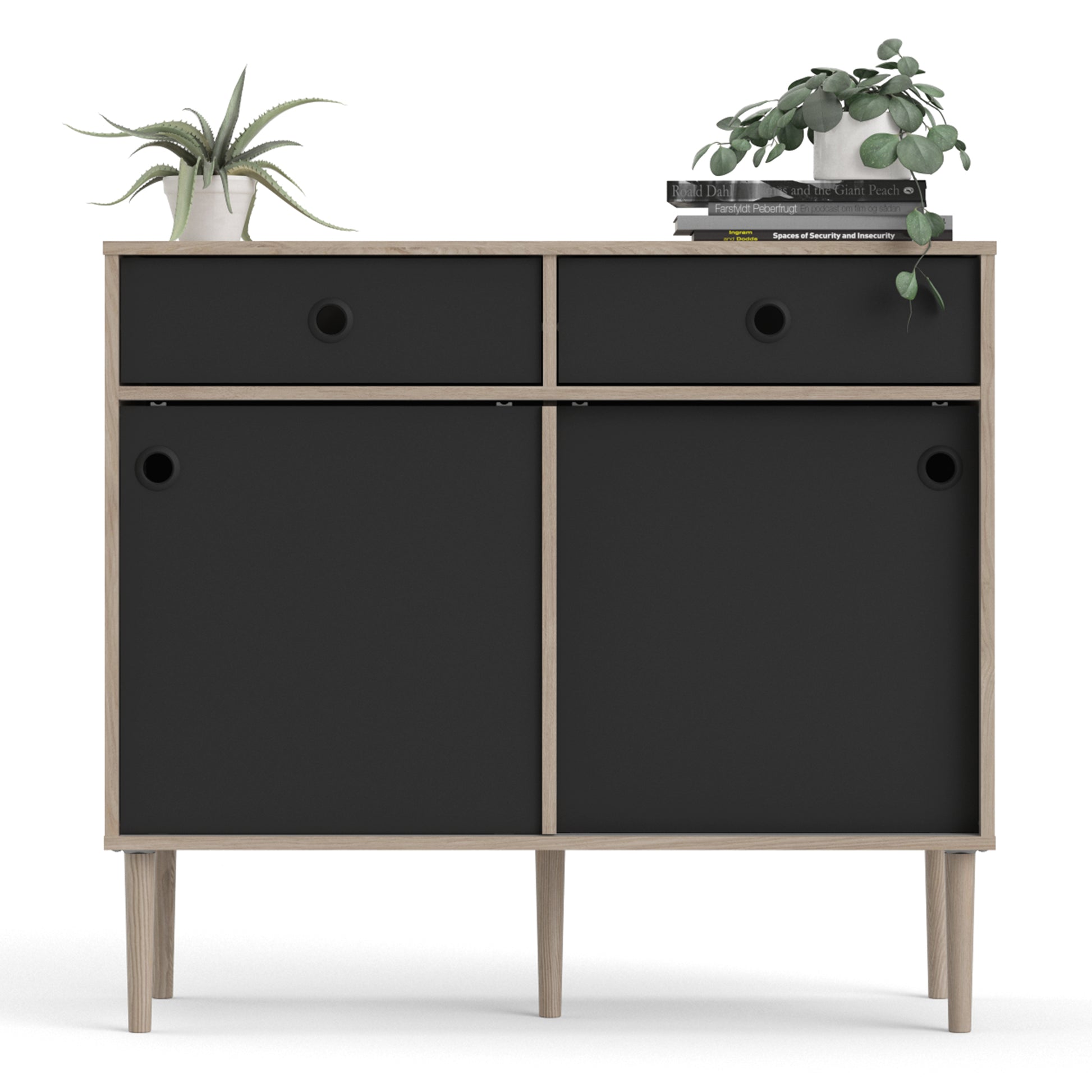 Rome Sideboard 2 Sliding Doors 2 Drawers in Jackson Hickory Oak and Matt Black