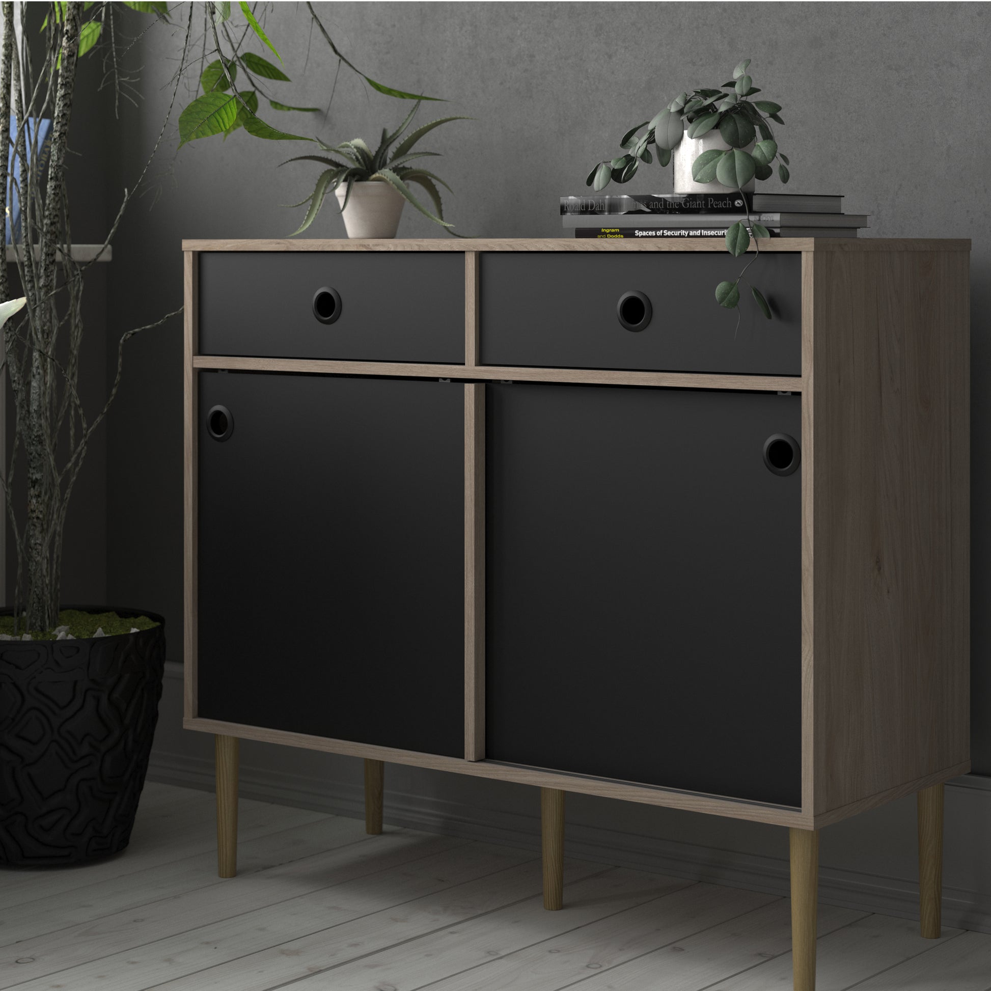 Rome Sideboard 2 Sliding Doors 2 Drawers in Jackson Hickory Oak and Matt Black