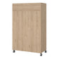 Uppsala Open Mobile Wardrobe Unit in Jackson Hickory Oak with a Beige Textile Curtain on Wheels