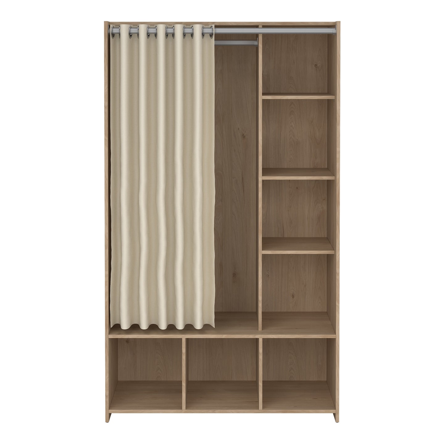 Uppsala Open Wardrobe Unit in Jackson Hickory Oak with a Beige Textile Curtain