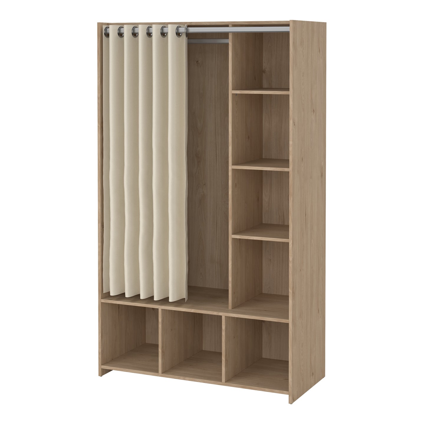 Uppsala Open Wardrobe Unit in Jackson Hickory Oak with a Beige Textile Curtain