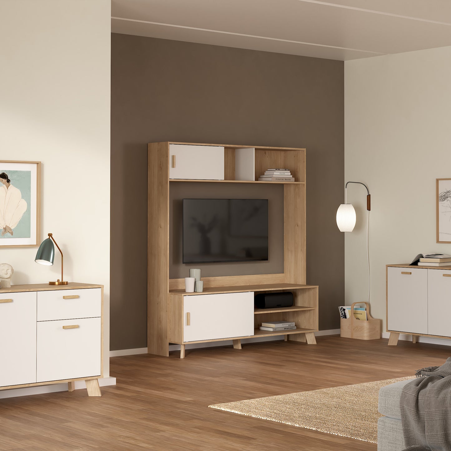 Ikast TV-Wall Unit with 2 Sliding Doors in Jackson Hickory and White