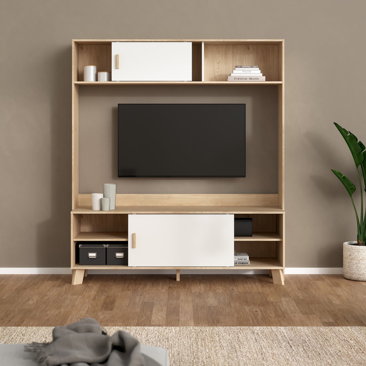 Ikast TV-Wall Unit with 2 Sliding Doors in Jackson Hickory and White