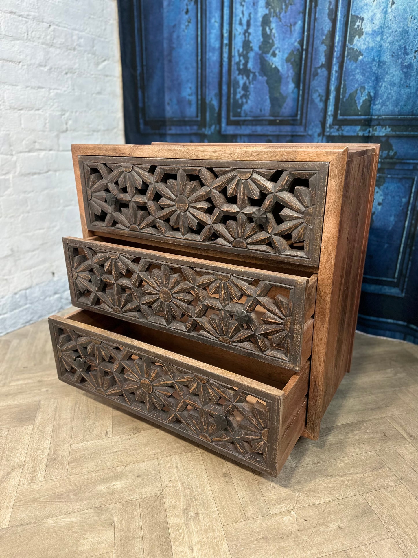 Zaayah Cut Work Wooden Three Chest of Drawers