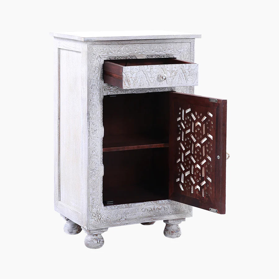 Sage Floral Carved Wooden Side Table In White