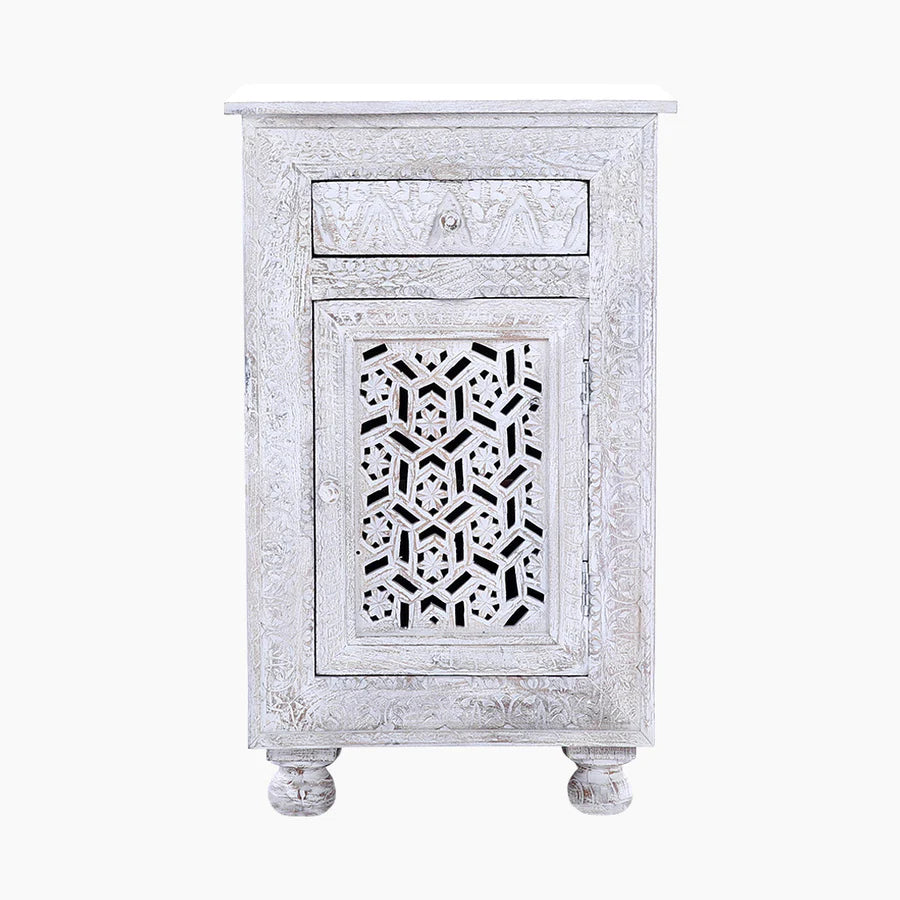 Sage Floral Carved Wooden Side Table In White