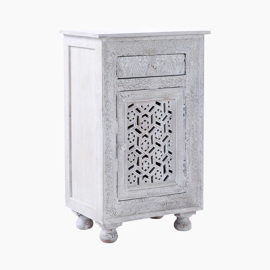 Sage Floral Carved Wooden Side Table In White