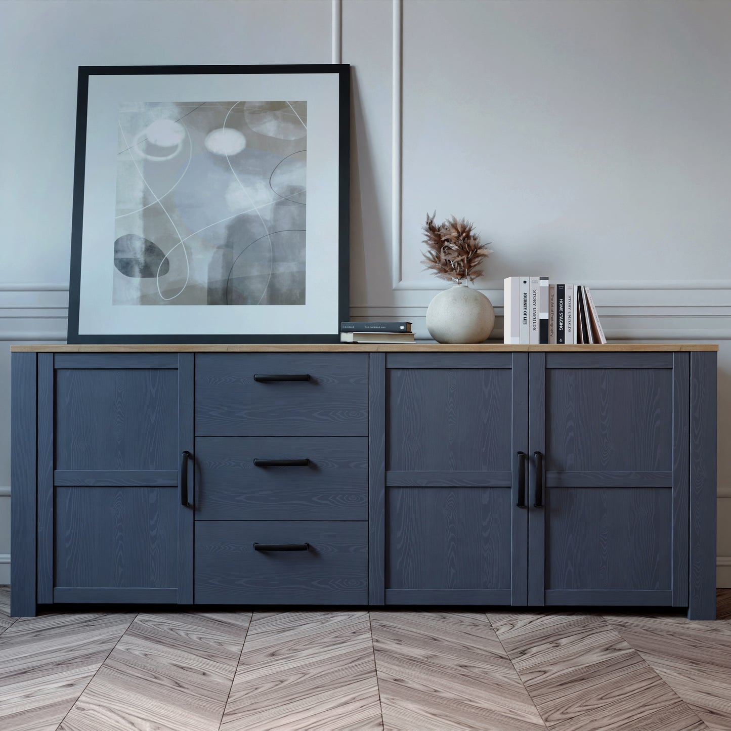 Bohol Large Sideboard 3 Door 3 Drawer in Riviera Oak/Navy