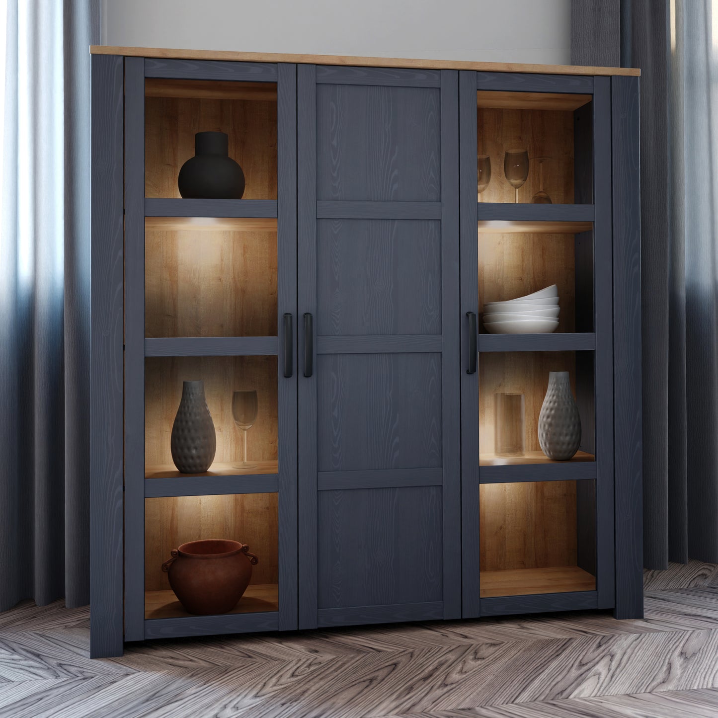 Bohol 3 Door Large Display Cabinet in Riviera Oak/Navy