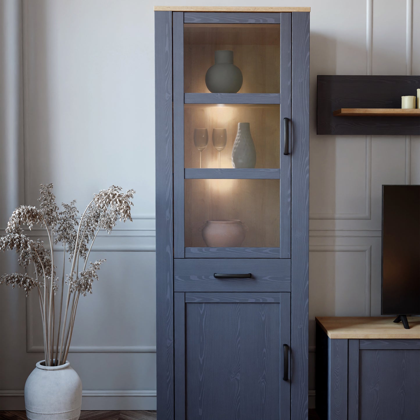 Bohol 2 Door 1 Drawer Narrow Display Cabinet in Riviera Oak/Navy