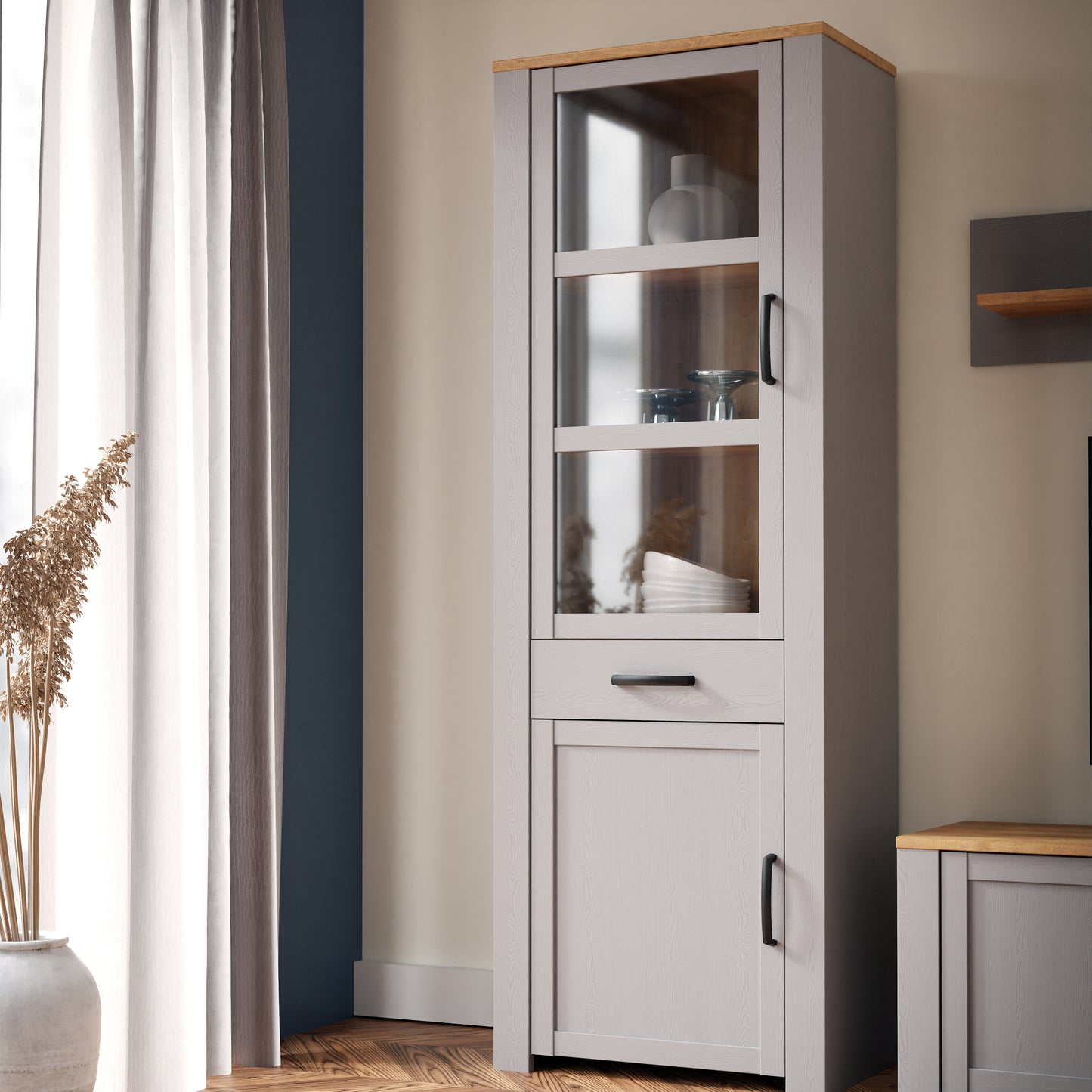 Bohol 2 Door 1 Drawer Narrow Display Cabinet in Riviera Oak/Grey Oak