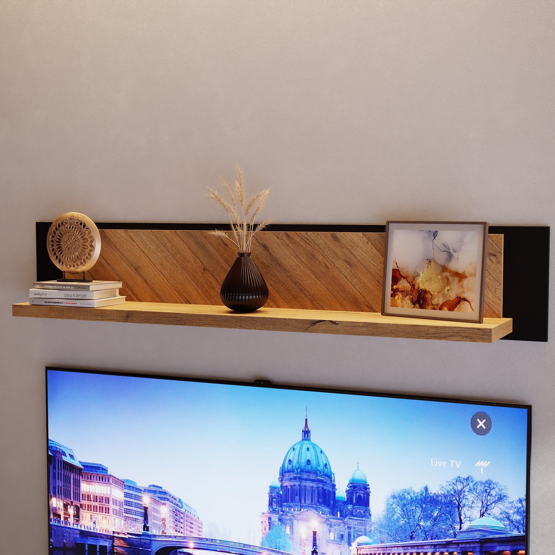 Nikomedes Wall Shelf 140cm in Spica Oak/Matt Black/Bartex Oak