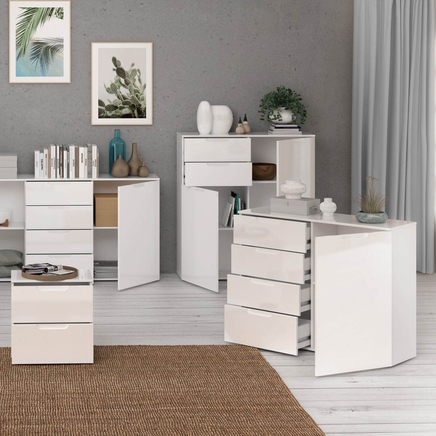 Sienna 4 Chest of Drawers 1 Door in White/White High Gloss