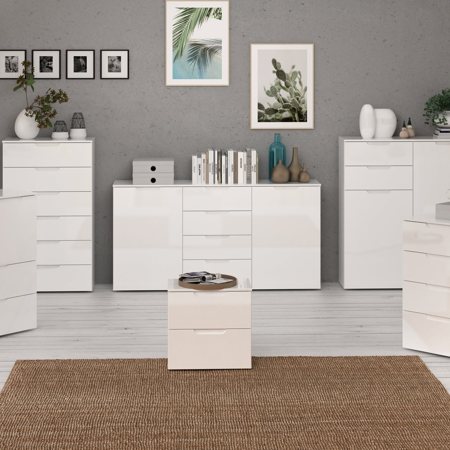 Sienna Wide Chest of 4 Drawers and 2 Doors in White/White High Gloss