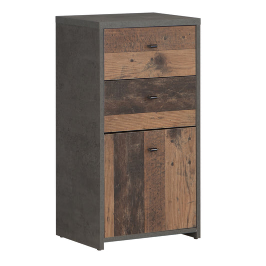 Best Chest Storage Cabinet 2 Drawers 1 Door in Concrete Optic Dark Grey/Old - Wood Vintage