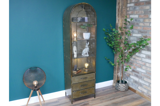 Arched Antique Metal with Glass Door Display Cabinet