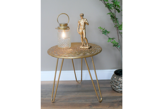 Gold Embossed Metal Side End Display Table With Hairpin Style Legs