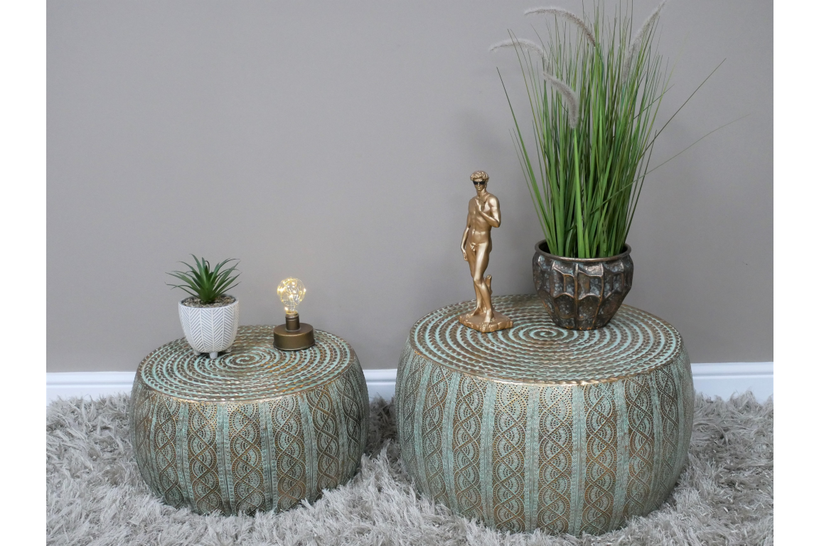 Set Of 2 Gold & Turquoise Patterned Coffee / Side Tables