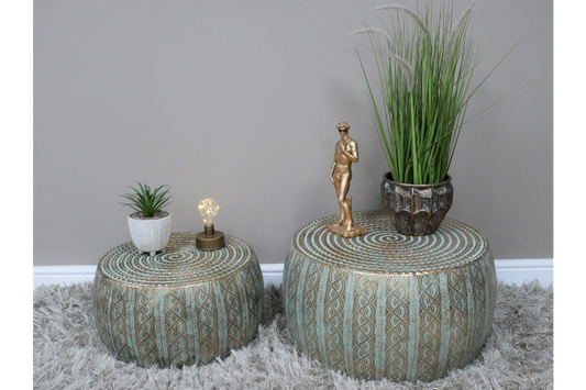 Set Of 2 Gold & Turquoise Patterned Coffee / Side Tables