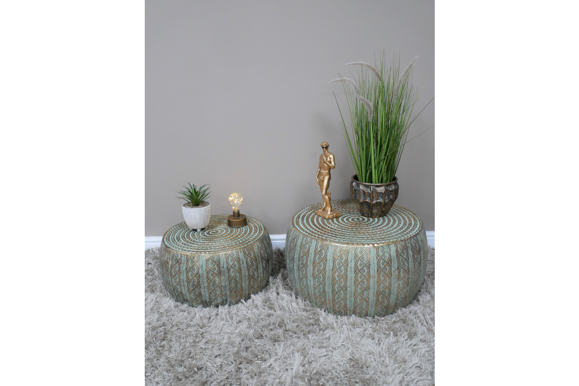 Set Of 2 Gold & Turquoise Patterned Coffee / Side Tables