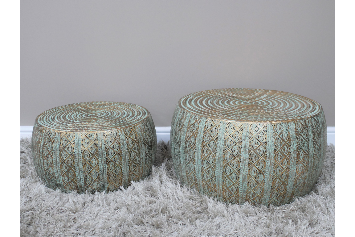 Set Of 2 Gold & Turquoise Patterned Coffee / Side Tables