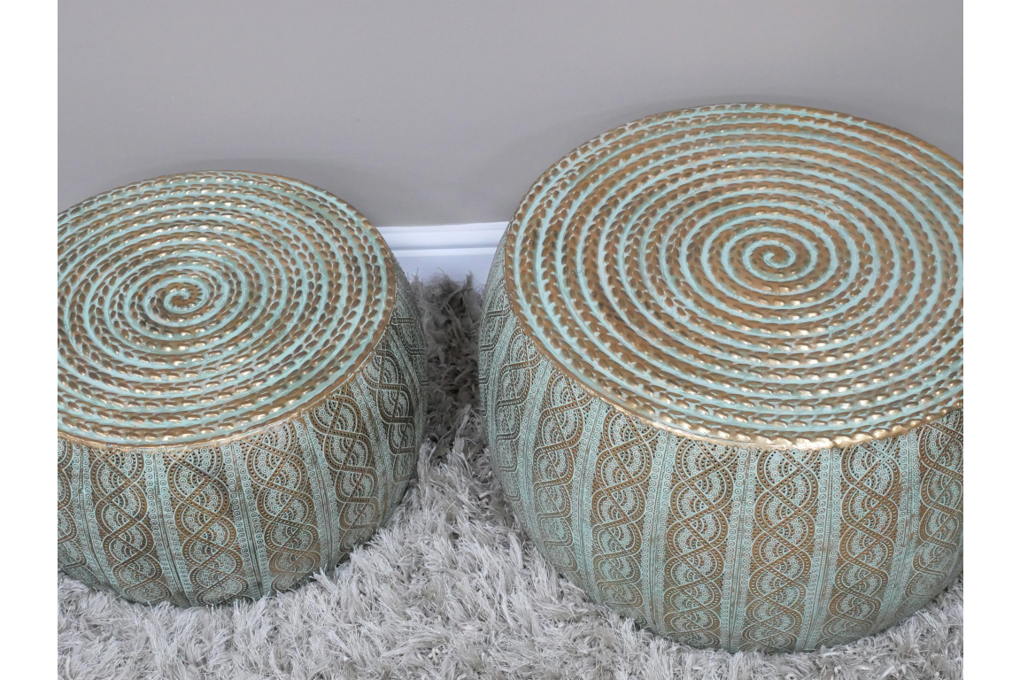 Set Of 2 Gold & Turquoise Patterned Coffee / Side Tables