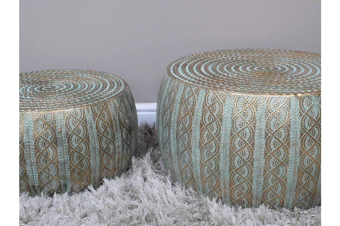 Set Of 2 Gold & Turquoise Patterned Coffee / Side Tables