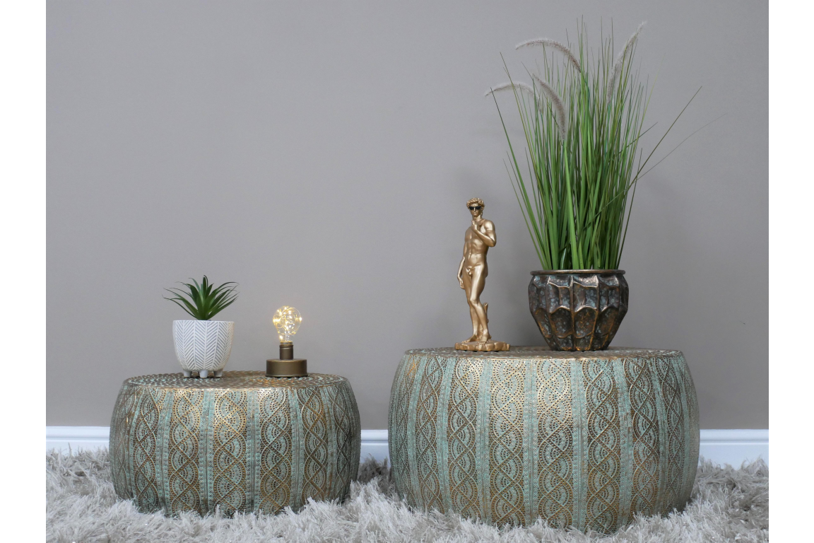 Set Of 2 Gold & Turquoise Patterned Coffee / Side Tables