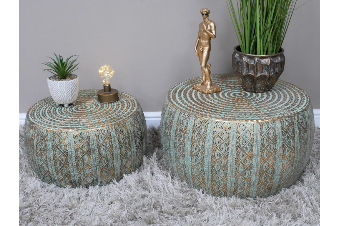 Set Of 2 Gold & Turquoise Patterned Coffee / Side Tables