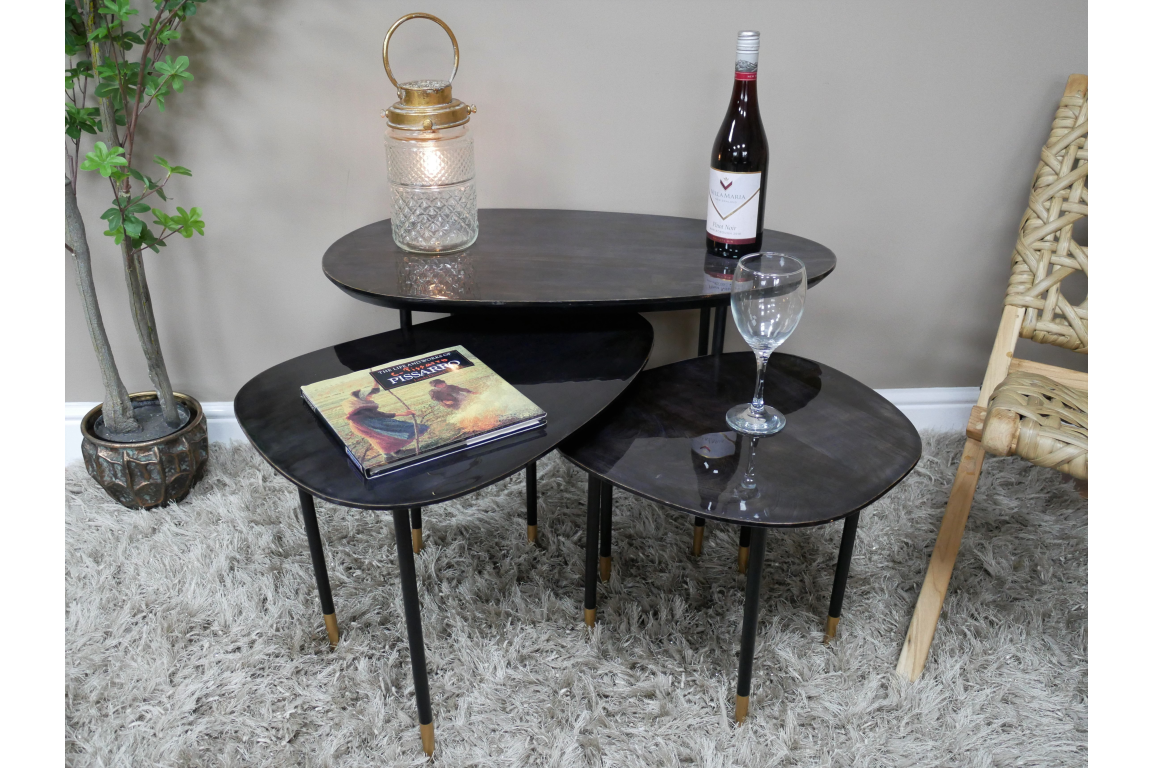 Industrial Black Metal And High Gloss Black Mango Wood Set Of 3 Side Tables