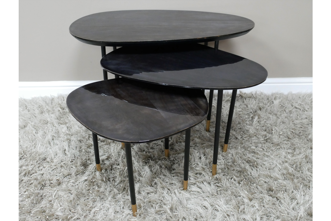 Industrial Black Metal And High Gloss Black Mango Wood Set Of 3 Side Tables