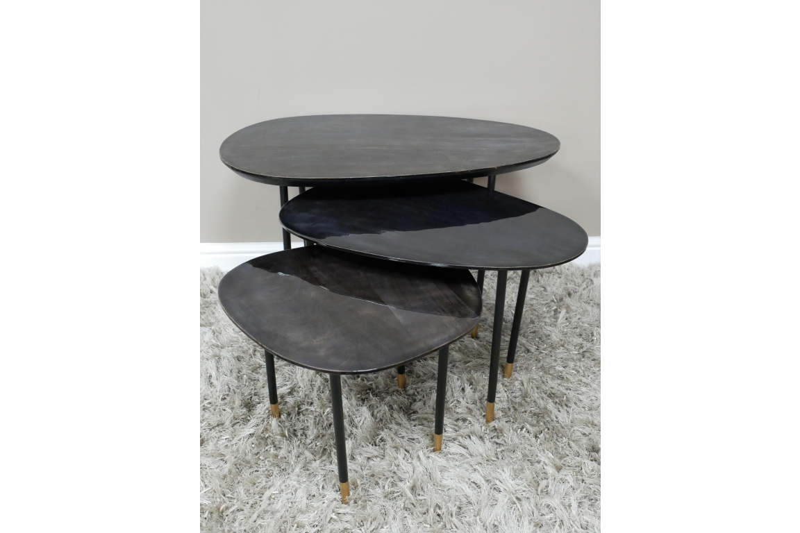 Industrial Black Metal And High Gloss Black Mango Wood Set Of 3 Side Tables