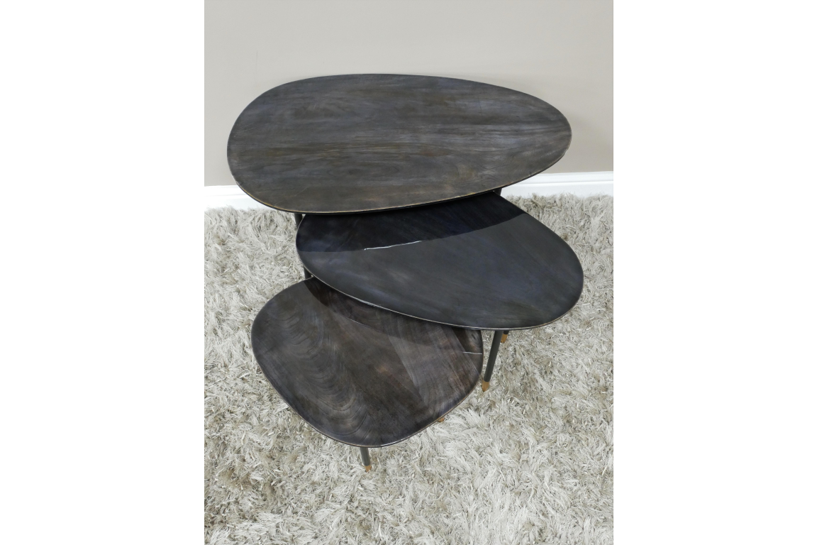 Industrial Black Metal And High Gloss Black Mango Wood Set Of 3 Side Tables