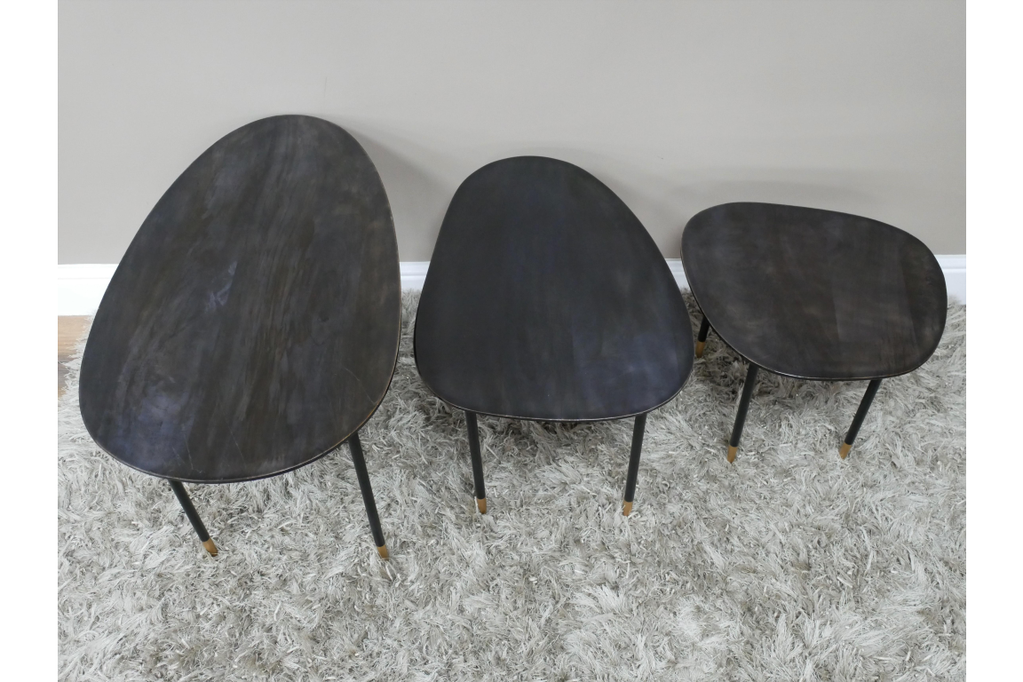 Industrial Black Metal And High Gloss Black Mango Wood Set Of 3 Side Tables