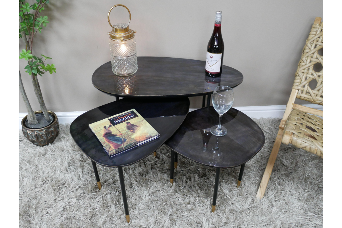 Industrial Black Metal And High Gloss Black Mango Wood Set Of 3 Side Tables