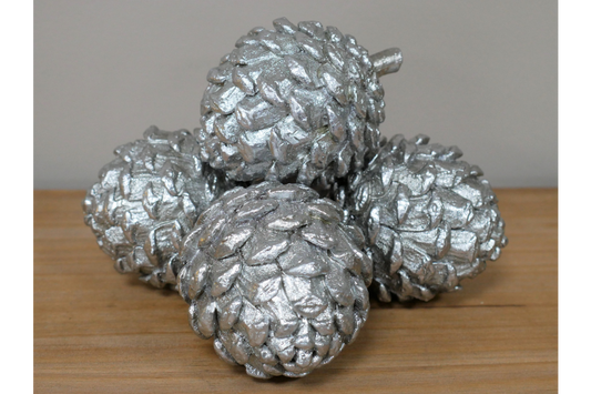 Set Of 4 Silver Ornamental Pinecones