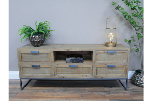 Industrial Solid Wood TV Cabinet with 5 Drawers & 1 Shelf