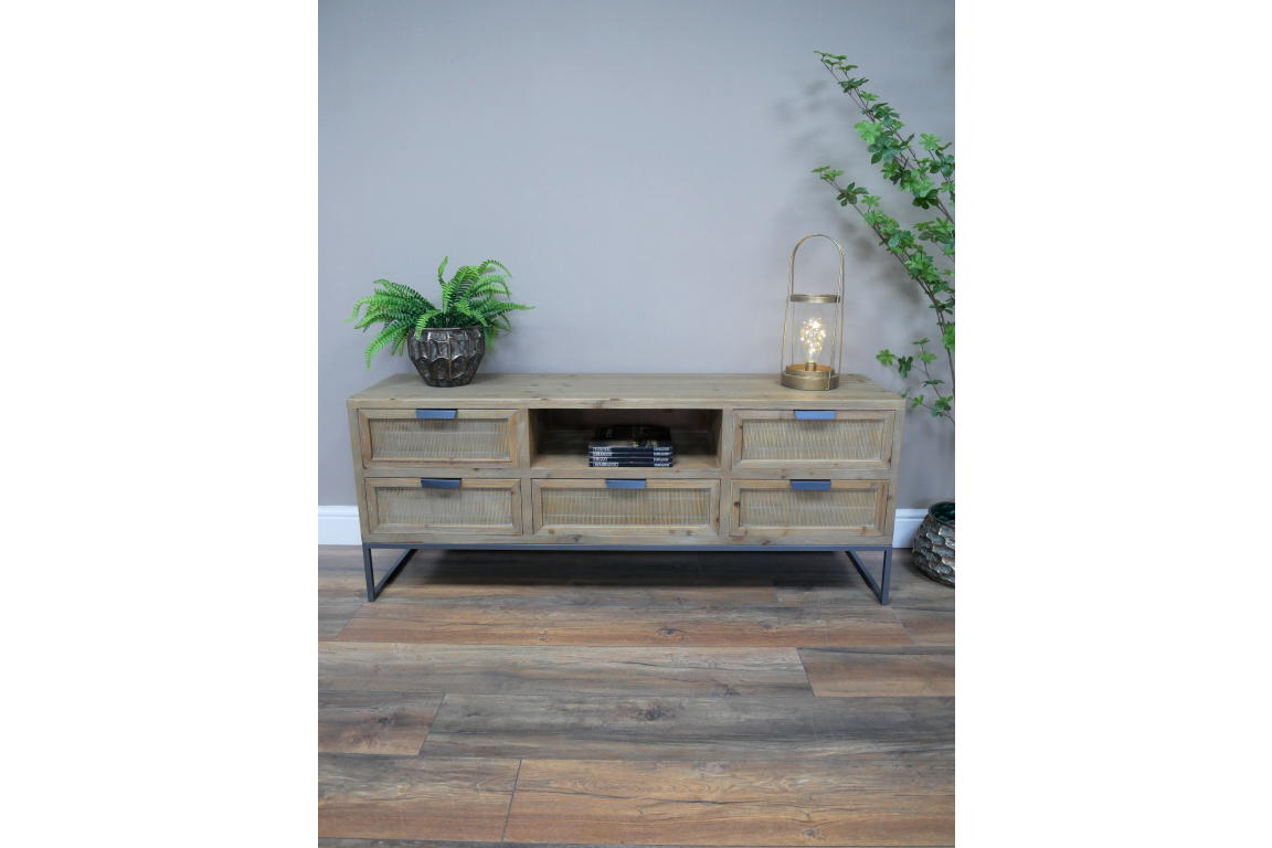 Industrial Solid Wood TV Cabinet with 5 Drawers & 1 Shelf